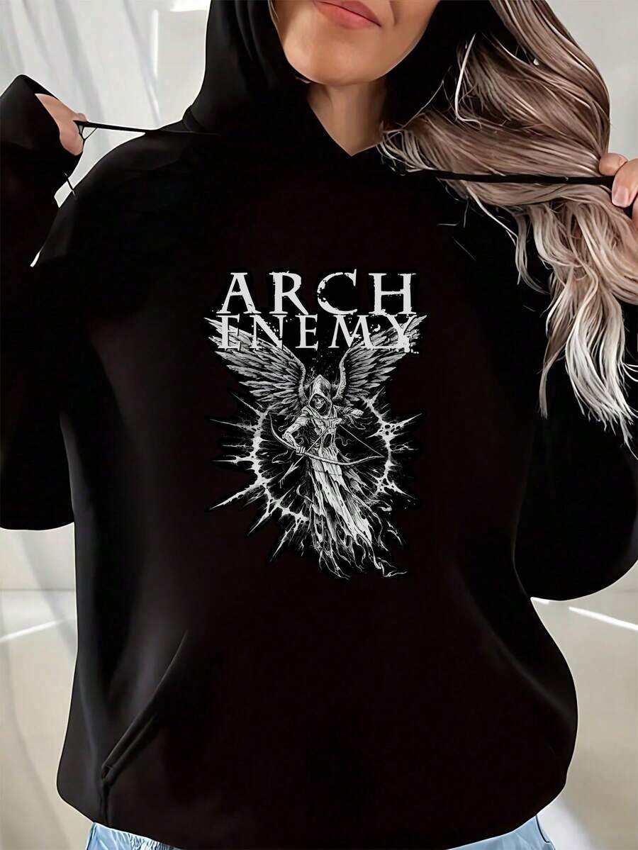 Arch Enemy Engelsflügel Design Artwork Rundhals Kurzarm Kapuzenpullover Damen und Herren gemusterter Sweatshirt - Schwarz - Übersicht 1