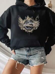Sudadera con capucha de manga corta con cuello redondo y diseño de logotipo de banda con alas, sudaderas estampadas para mujeres y hombres - Negro - Ver 1