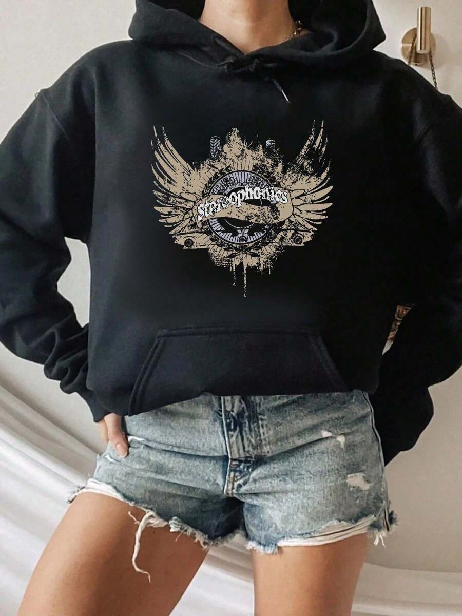 Sudadera con capucha de manga corta con cuello redondo y diseño de logotipo de banda con alas, sudaderas estampadas para mujeres y hombres - Negro - Ver 1