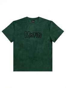 Misfits Horror Punk Style Red Marbled Tie-Dye Acid-Washed Short Sleeve Crew Neck T-Shirt - Bold Black Stylized Lettering Print, Casual Summer Cotton Tee For Fans- Fall Graphic T-Shirt Women's Halloween Animal Print Casual T-Shirt For Fall Outfit - Màu xanh lá cây đậm - Xem 6