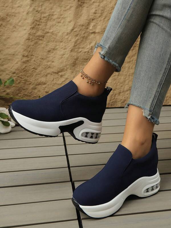 Women's Platform Wedge Sneakers, Slip-On Fabric Design With Elastic Sides, Fashion Versatile Comfortable Lightweight Casual Sneakers