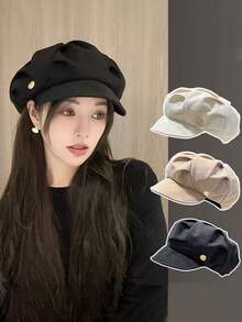 1 Piece Of Women's Octagonal Beret With Adjustable Rope And Metal Buckle, Outdoor Casual Fashion Accessory For Spring, Summer, Autumn, Hat, Fashionable Facial Cover, Elegant Detail Design, Textured Fabric