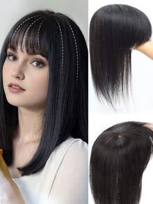 假发刘海，头顶合成假发，短直发，8英寸，头顶替换片，女士日常使用