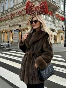 2025 Winter New Christmas & New Year Faux Fur Collar Faux Fur Coat, Vintage Loose Long Sleeve Women Faux Fur Jacket - Coffee Brown - View 8