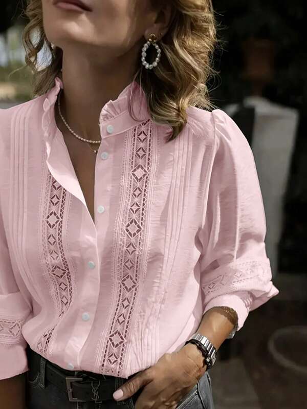 Fall Clothes For Women. Fashionable Lace Patchwork And Street Casual Lapel Solid Color Long-Sleeved Women's Shirt, The Most Favored Beautiful And Elegant Women's Shirt When Going Out, Suitable For Home, Daily Life, Work And Dates In Spring And Autumn