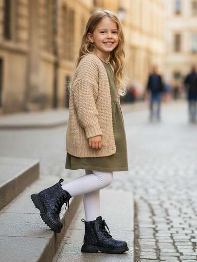 1 par de botas infantis pretas brilhantes com glitter holográfico em PU e zíper lateral, sola grossa, design clássico de bico redondo, fofas e modernas, macias e confortáveis, adequadas para meninas de 3 a 15 anos, estudantes do ensino fundamental, atividades ao ar livre, todas as estações, feriados, festas, férias