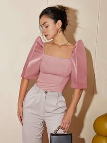 Women's Spring/Summer Solid Color Petal Sleeve Stand Collar Square Neck Elegant Blouse Cropped Top - Berwarna merah muda - View 5