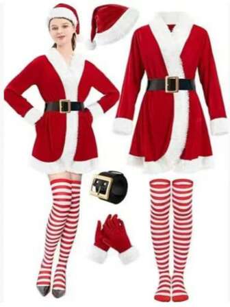 5pcs/Set Christmas Outfit Costume, Women's Christmas Dress, Red Hooded Holiday Party Outfit, Mrs. Claus Costume, Dress + Hat + Belt + Gloves + Socks