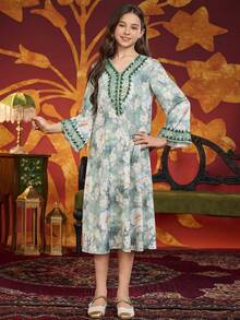 女童及女士串珠花卉印花宽松长裙，高端优雅风格，春夏款 - 彩色 - 查看 5