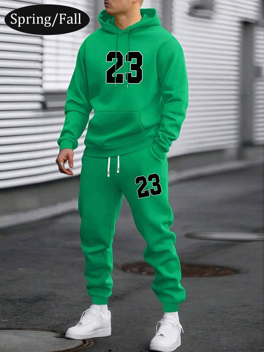 Bộ quần áo hoodie và quần nỉ in họa tiết số 23 cá tính mỏng dành cho nam, quần thể thao thời trang thường ngày có dây rút, thích hợp làm quà tặng cho chồng hoặc bạn trai, mùa xuân/thu - màu xanh lá - Xem 1