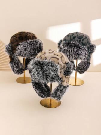 1 pieza Gorro con orejeras de felpa gruesa con estampado de leopardo unisex, cálido y a prueba de viento, estilo europeo y americano de moda, adecuado para uso diario, equipo de montar a caballo y esquiar en invierno