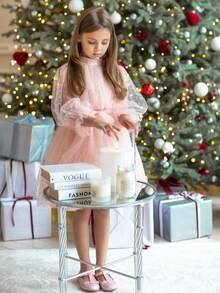 Tween Girl Pink Polka Dot Mesh Sleeve Bow Waist Elegant Christmas Party Dress, Princess Dress Suitable For Girls Birthday Party, Banquet, Wedding Flower Girl, Holiday Celebration - Baby Pink - View 6