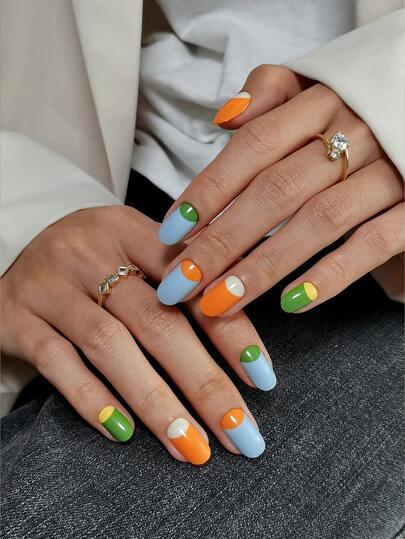 24-Piece Y2K Mid-Length Oval Macaroon-Colored Press-On Nail Set, Includes Jelly Glue And A Nail File.