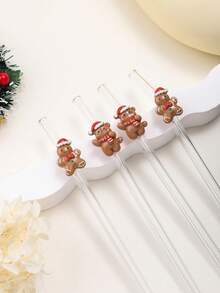 1/2/3/5支装圣诞玻璃吸管，卡通姜饼人/熊戴帽子可爱装饰，可重复使用弯曲玻璃吸管，配有清洁刷，适用于奶昔、珍珠奶茶、果汁、鸡尾酒、冷饮、咖啡、派对、露营、旅行、夏季、假日、厨房、婚礼、校园等场合，是送给女朋友、男朋友、父母、朋友、家庭聚会的理想礼物，适用于厨房和户外。 - 透明 - 查看 4