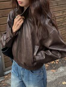 Mujeres Retro Suelta Cremallera Corta Solapa Chaqueta de cuero, Abrigos casuales de manga larga para otoño e invierno, chaquetas de mujer - Marrón - Ver 6