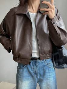 Mujeres Retro Suelta Cremallera Corta Solapa Chaqueta de cuero, Abrigos casuales de manga larga para otoño e invierno, chaquetas de mujer - Marrón - Ver 1