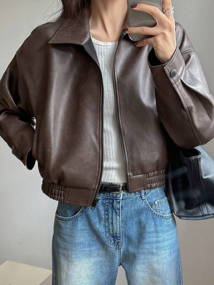 Mujeres Retro Suelta Cremallera Corta Solapa Chaqueta de cuero, Abrigos casuales de manga larga para otoño e invierno, chaquetas de mujer - Marrón - Ver 1