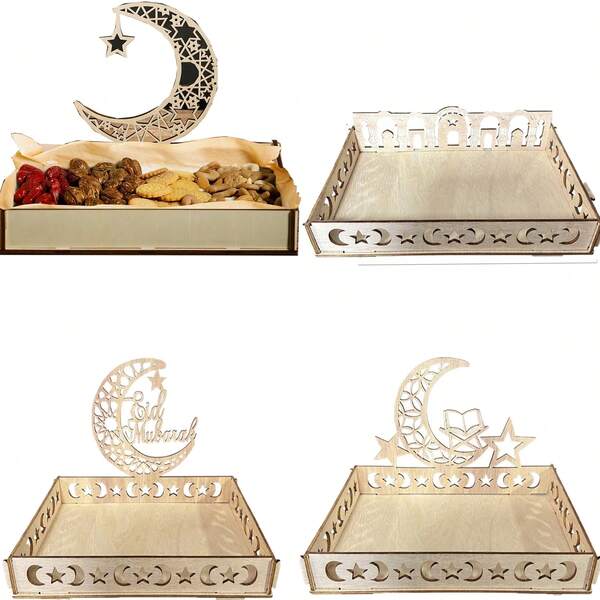 1pcWood Tray - Eid Mubarak Hollow Moon Star Pattern Food Serving Tray, Table Decoration Tableware Gift For Pastry Dessert Cupcake Home Decor Party Supplies