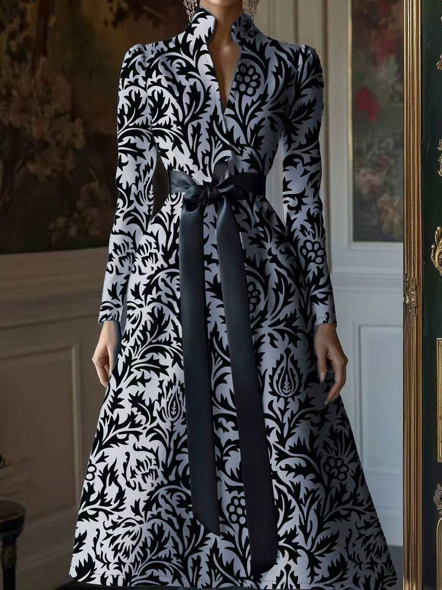 Vestido negro de manga larga, cuello en V y línea A, elegante y cómodo, de satén plateado, para primavera/otoño - Blanco y Negro - Ver 1