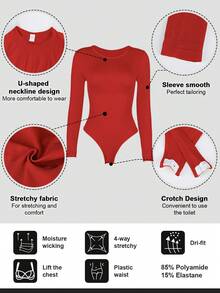 1pc Women's Seamless Black Round Neck Long Sleeve Jumpsuit, Sexy Shapewear Jumpsuit For Tummy Control, Waist Training, Body Shaping - Red - View 10