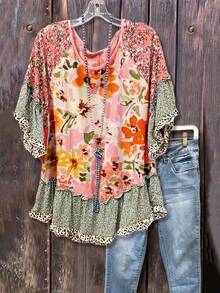 1 PCS Women'S Vintage Mixed Patched Floral Print Loose Top Blouse, Ruffle Leopard Print Patchwork Cuffs And Hem, Women'S Summer Clothing - 彩色 - 查看 1