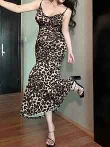 Vestidos Sexy Para Mujer Con Estampado Slim Sin Mangas Backless Cita Party - Marrón - Ver 3