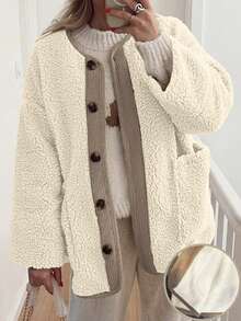 Women's Casual Color Block Pocket Fleece Jacket, Fluffy Single-Breasted Loose Regular Coat, Autumn/Winter - Apricot - View 3