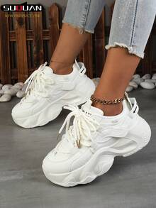 1双女士白色系带休闲运动鞋，时尚白色厚底运动鞋，春秋季 - 米色 - 查看 5