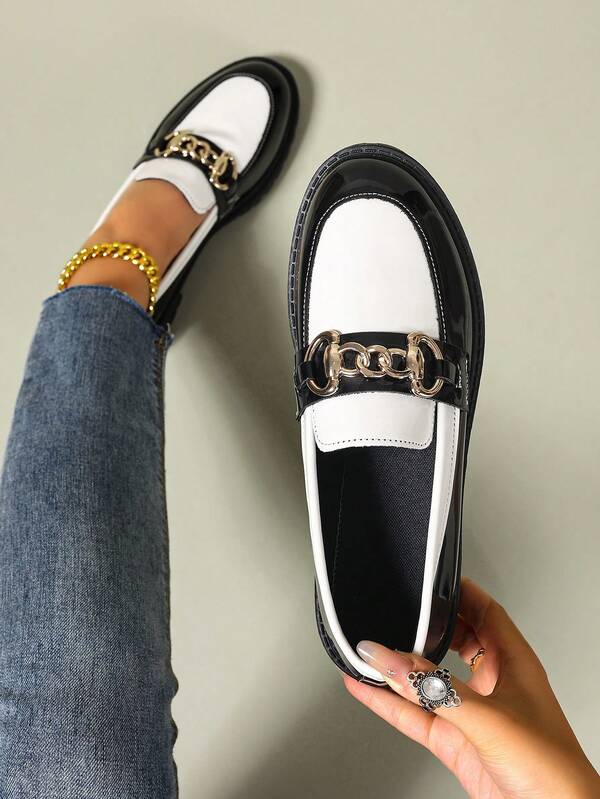 Women's Chain Decor Platform Slip-On Loafers, Casual Pointed Toe Colorblock Flats For Spring Autumn, Elegant Everyday Wear