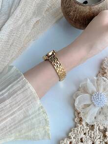 1件女士椭圆形表盘金色/银色不锈钢表带经典商务石英表，镶嵌水钻，适合日常佩戴