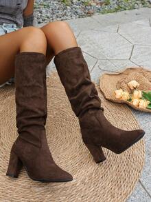 Fall/Winter Women's Fashion Pointed Toe Pleated High Heel Boots - Coffee Brown - View 6