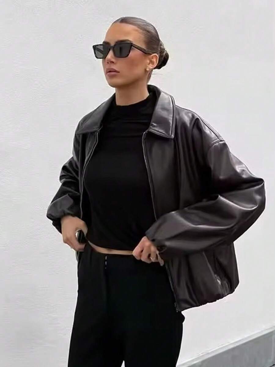 HH Damen Herbst Kunstleder braune Bomberjacke mit Kragen, Saum Raffungen, Reißverschluss Jacke für die Straße