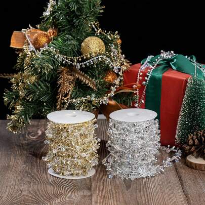 1 Roll/5 Meters Crystal Beaded Christmas Wreath, Christmas Tree Twist Rope, Acrylic Chain, Gold Crystal Beaded, Rainbow Diamond Beaded Decoration For Christmas Wreath, Christmas Tree, Wedding Party, Home Decor, Chandelier Decoration For Christmas Party, Fireplace Decor