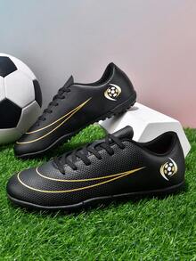 MINGBIN 1 Pair Unisex Adult & Youth Studded Training Shoes, Mid-Top, Suitable For Artificial Turf, Hard Court, Indoor Training Field, Professional Team Sports, Olive Football Shoes, Front Lace-Up, Rubber Sole, TF Short Studs, Lightweight High-Performance Professional Football Boots - Black - View 3