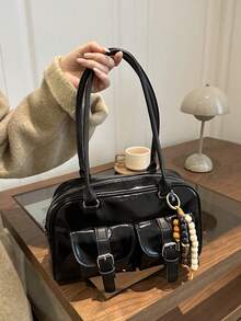 1pc Minimalist Retro Zipper Tote Bag, Decorated With Pockets, Dual Handles, Suitable For Women's Casual Daily Commute - Black - View 2