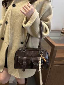 1pc Vintage Minimalist Zipper Tote Bag, Decorated With Pockets, Dual Handles, Suitable For Women's Casual Daily And Commuting Use - Coffee - View 4