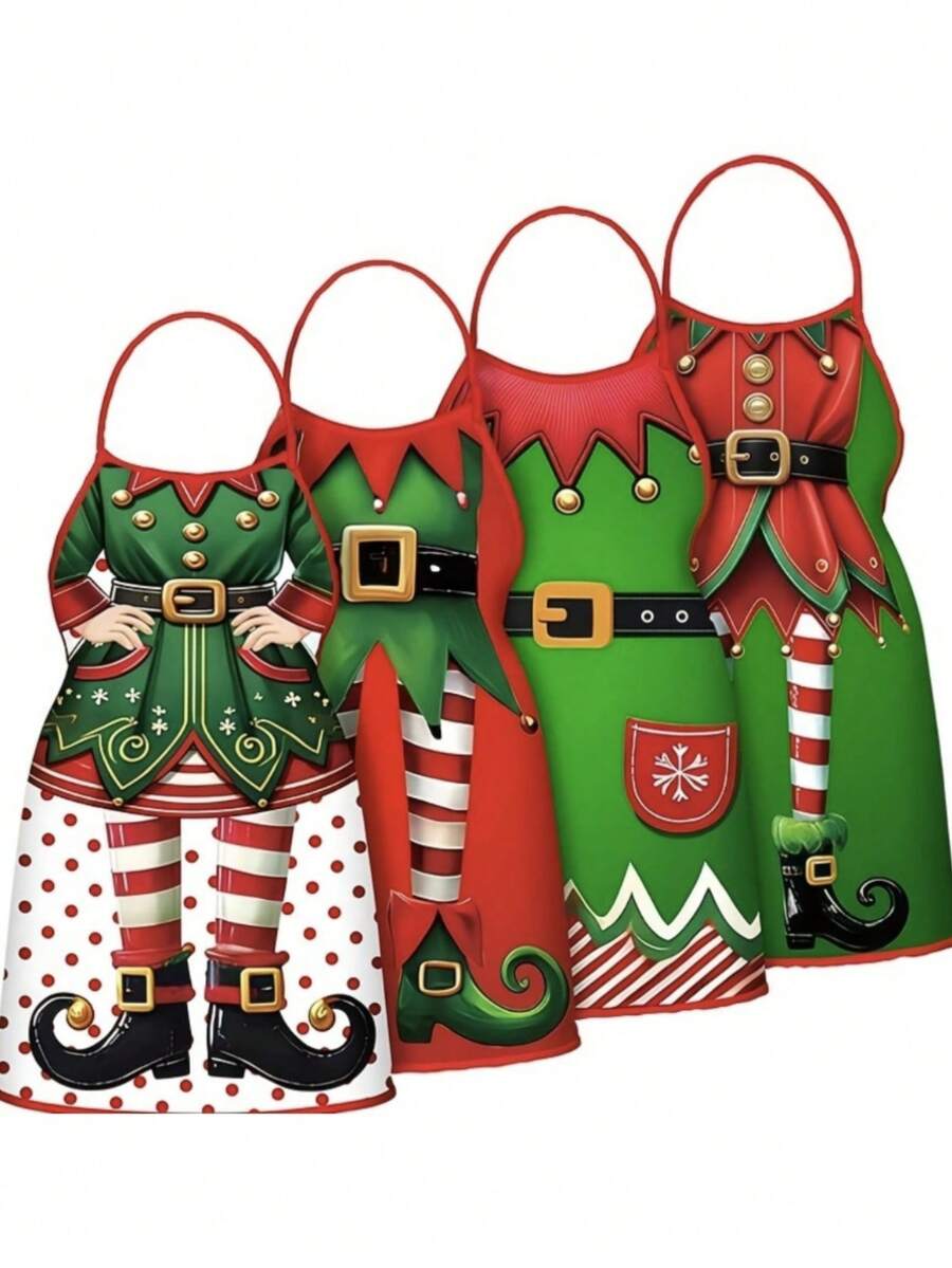 طقم أربع قطع من المآزر الخاصة بعيد الميلاد، يشمل مئزر طبخ مطبخ جميل، مئزر بنمط بابا نويل والثلجي، مئزر طبخ مطبخ قابل للتعديل، ومئزر طباخ نسائي ممتع - متعدد الألوان - مشاهدة 1