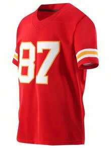 男友风格男士刺绣美式足球球衣 87 红色休闲短袖 V 领 T 恤派对运动上衣