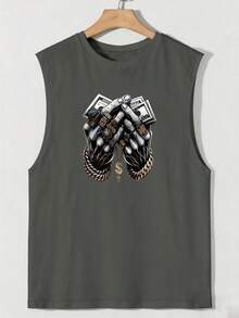 男士休闲富豪主题无袖上衣 - 印花钞票图案背心，适合街头时尚和都市日常穿着，男士钞票印花无袖背心，男士夏季街头风无袖T恤 - 灰色 - 查看 2