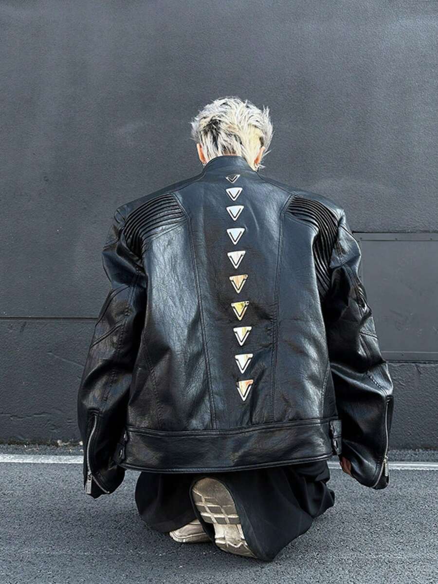 Small Niche Dragon Bone Metal Spine Fold Deconstruction Short Leather Jacket Jacket - Black - View 1