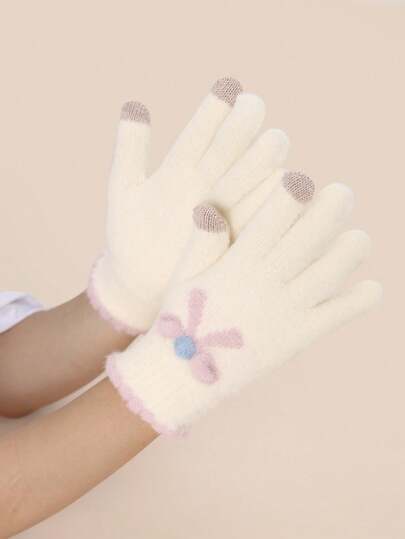 1 Pair Women's Bow Decor Warm Gloves, Comfortable For Outdoor, Student, Daily Wear, Autumn/Winter