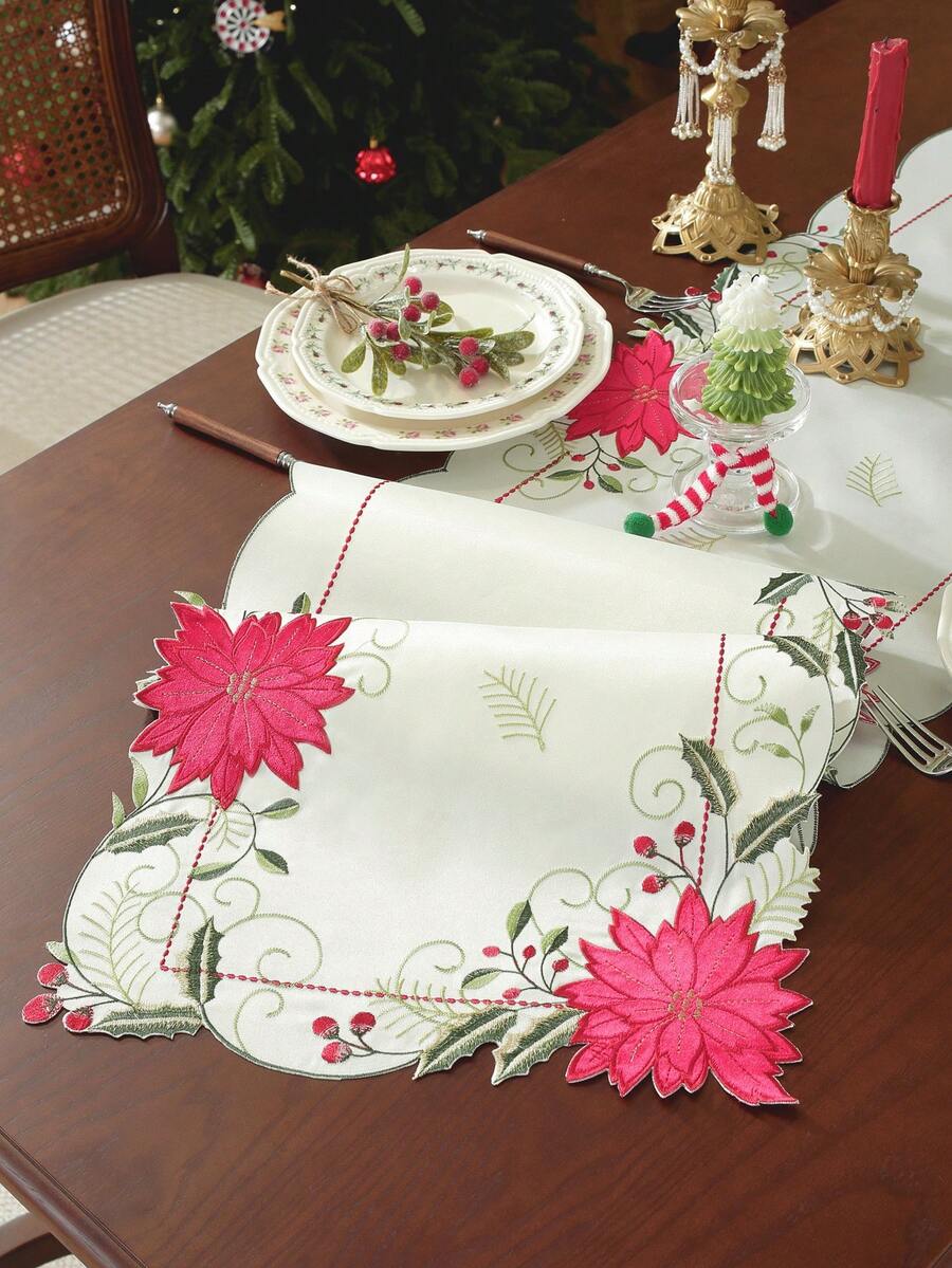 1pc Colorful Embroidered, Applique, Hollow Craft Christmas Table Runner, European Style Christmas Flower & Leaf Elements, 100% Polyester Fabric, Suitable For Christmas Decoration, Party, Holiday Atmosphere, Home Decor, Kitchen, Coffee Table, Cabinet, Round/Rectangular Placemats, Indoor/Outdoor, Party/Wedding Decorations, Multiple Sizes Available