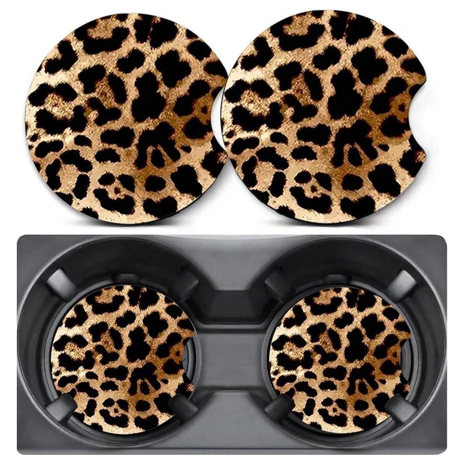 2 Pack Car Coasters For Cup Holders,Brown Leopard Car Coasters,2.75" Universal Size Anti Slip Rubber Mat,Cheetah Cup Holder Decal,Cute Auto Accessories Interior For Women{"Color_name":"LeopardPrint","Size_name":"2PCS"} - 豹紋 - 查看 1