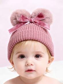 双蝴蝶结蝴蝶结婴儿帽子毛线儿童帽子秋冬加厚儿童针织帽0-3岁 - 彩色 - 查看 11