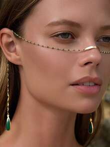 1pc Women's Fashion Green Rhinestone Face Chain, Personalized Street Style Tassel Face Chain, Facial Jewelry, Stage Accessories - Gold - View 2