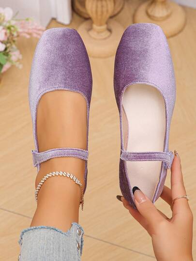 Plus Size EU 35-43 Vintage Mary Jane Shoes, New Spring/Autumn Fashion Lavender Velvet Strap Square Toe Flat Casual/Work/Driving/Holiday Comfortable Soft Bottom Ballet Flats For Women