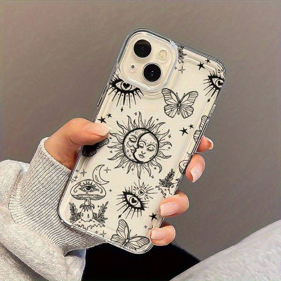 Funda de Teléfono Linda 1pc de Funda Transparente de Teléfono con Línea Negra y Sol, Adecuada para iPhone 11, 12, 13, 14, 15, 16, XS, XR, X, 7, 8, 12, 13 Mini Plus Pro Max SE Series, Perfecta como Regalo para una Novia, Novio, Amigo, o como Funda Protectora Delgada y Resistente a Impactos - 1 pieza - Ver 1