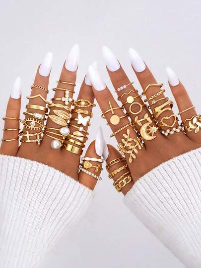 45/22pcs Vintage Elegant Bohemian Style Faux Pearl, Evil Eye, Leaf , Heart Design Metal Ring Set, Suitable For Daily, Party, Date, Holiday, Wedding, Perfect Gift Choice