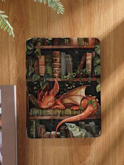 Kingsung Shockproof Bookshelf Pattern Tablet Protective Case With Dragon Design Compatible With IPad 9.7/10.2/10.5/10.9/12.9/Pro 11 (10th Gen), Galaxy Tab S6 Lite 10.4", Kindle Paperwhite 12th Gen (2024), Kindle 11th Gen (2022), Soft Shock-Proof, Smart Stand/Auto Wake/Sleep Spring Birthday Gift