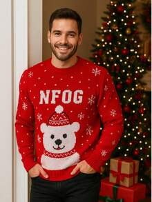 NAVIDAD Suéter Navideño de Oso Adorable con Gorro para Hombre Caballero para Epocas Navideñas Christmas Acogedor Uglysweater Lindo Tierno - Rojo - Ver 5
